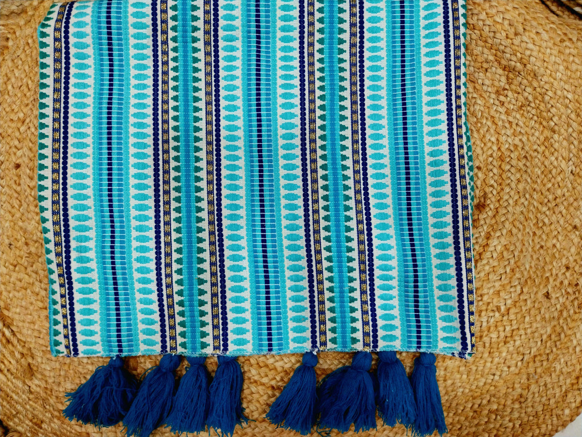 Quirky Blue Cotton Sofa Cover with Decorative Tassels