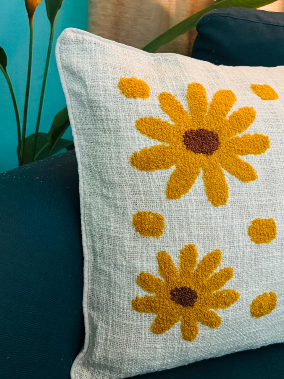Yellow Tufted Floral Cushion Cover