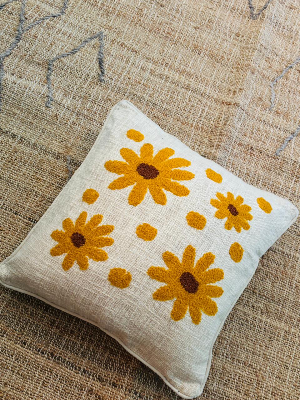 Yellow Tufted Floral Cushion Cover