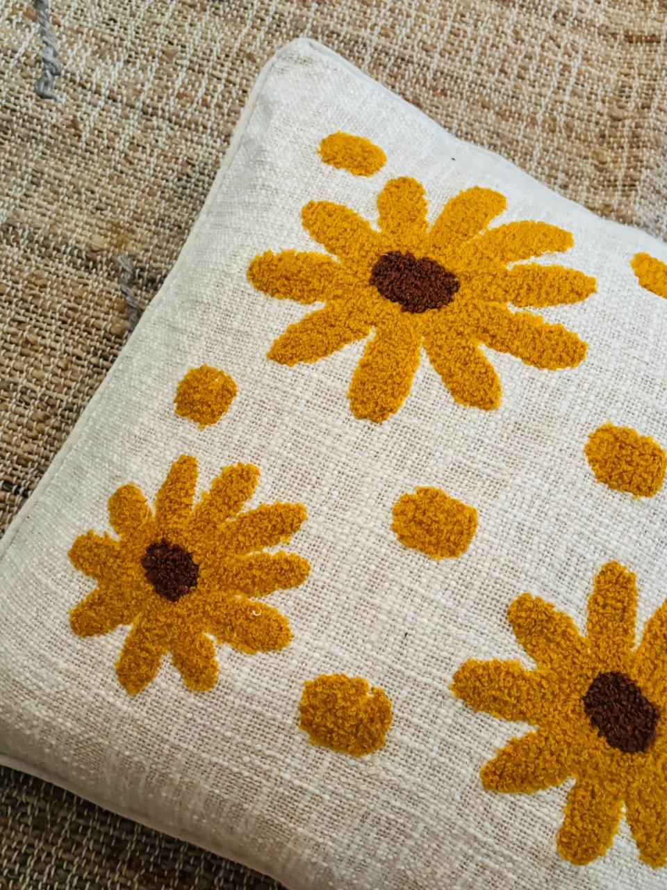 Yellow Tufted Floral Cushion Cover
