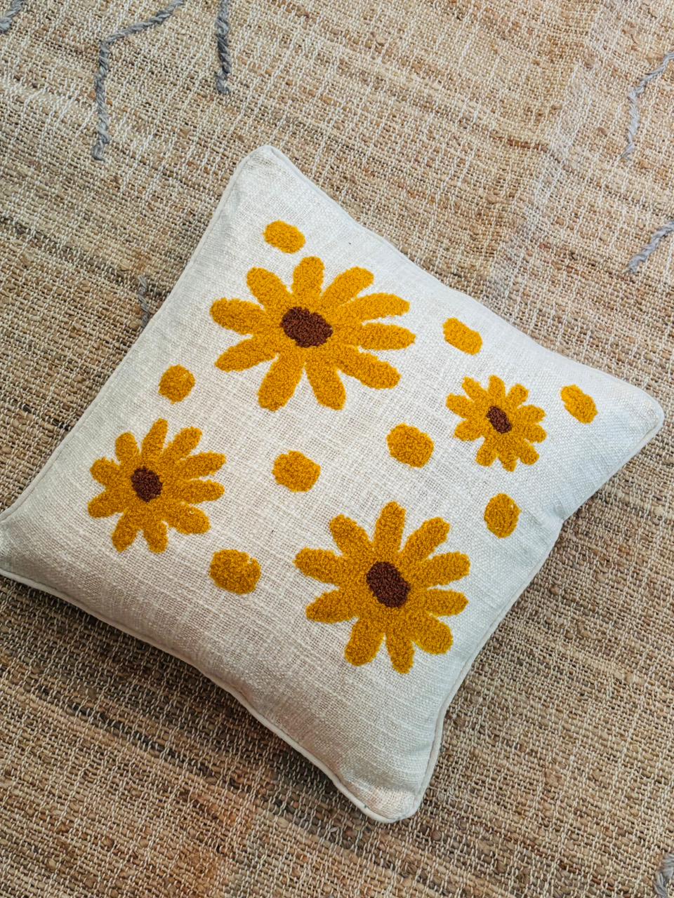 Yellow Tufted Floral Cushion Cover