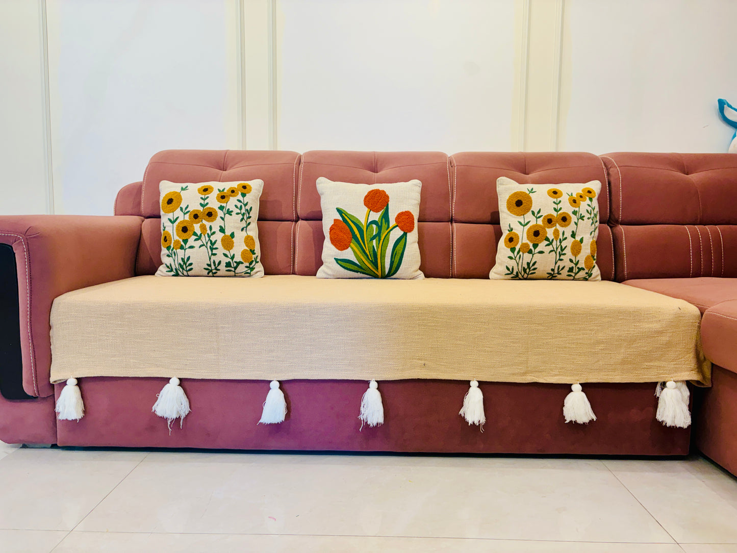 Beige Cotton Sofa Cover with Decorative Tassels