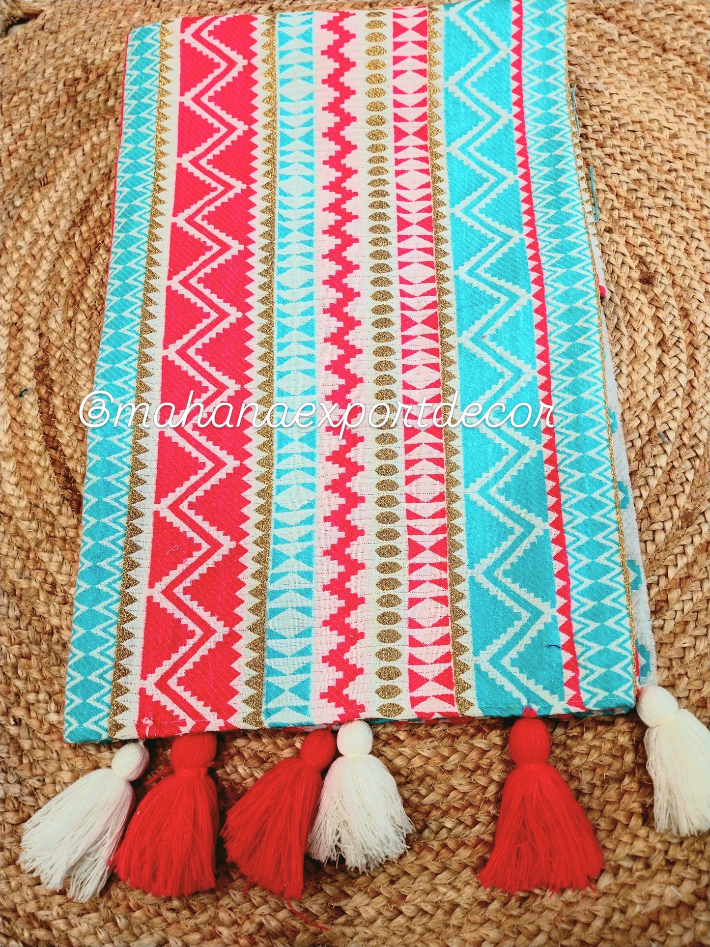 Blue/Pink Festive Sofa Cover with Decorative Tassels