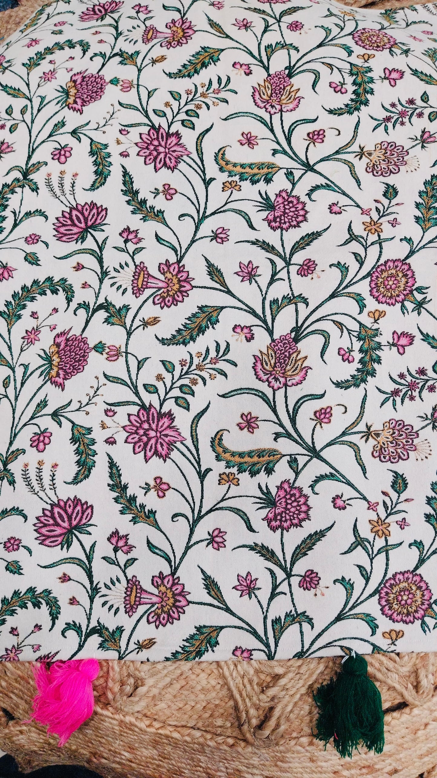 Pink Floral Sofa Cover with Decorative Tassels