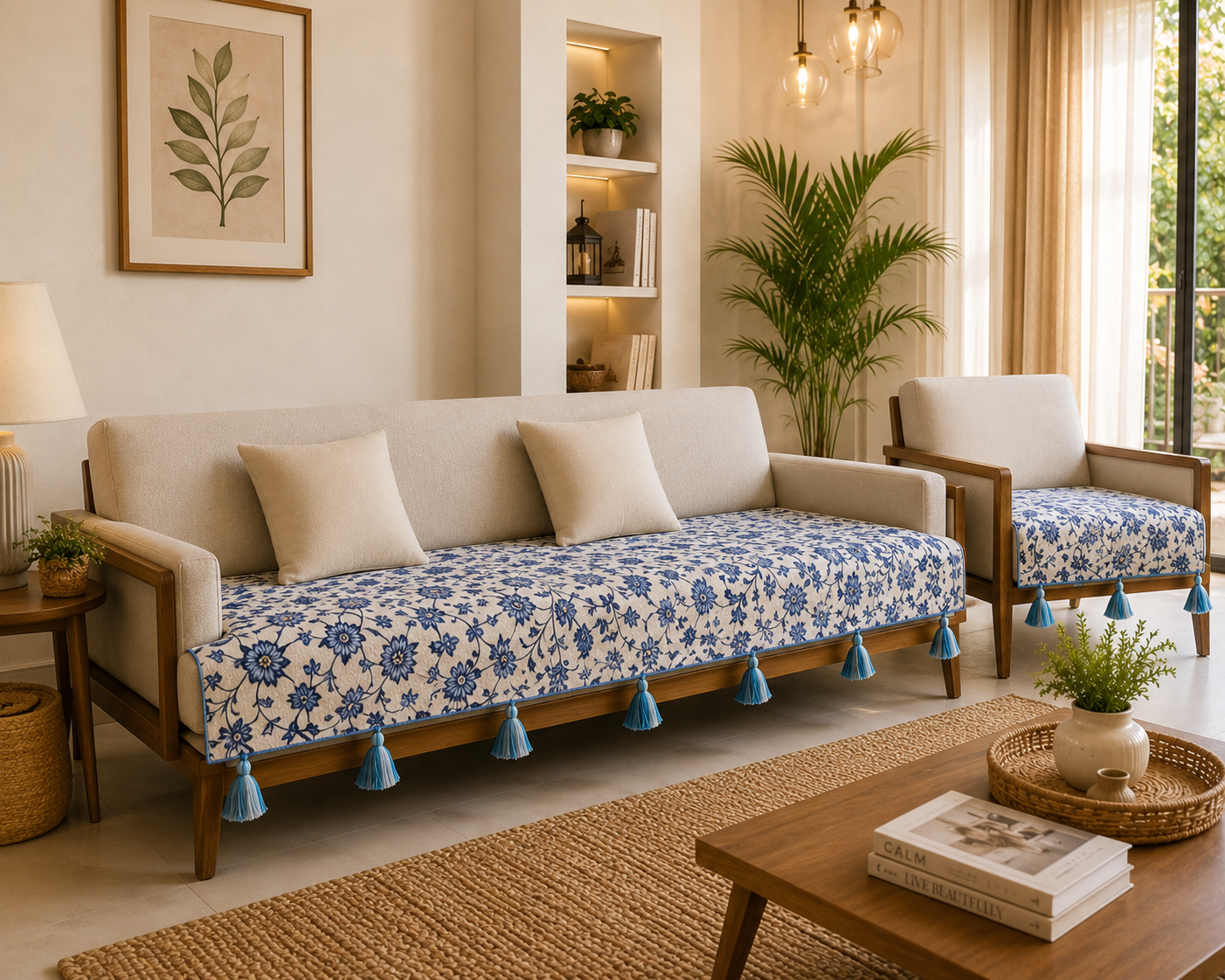 Blue Floral Sofa Cover with Decorative Tassels
