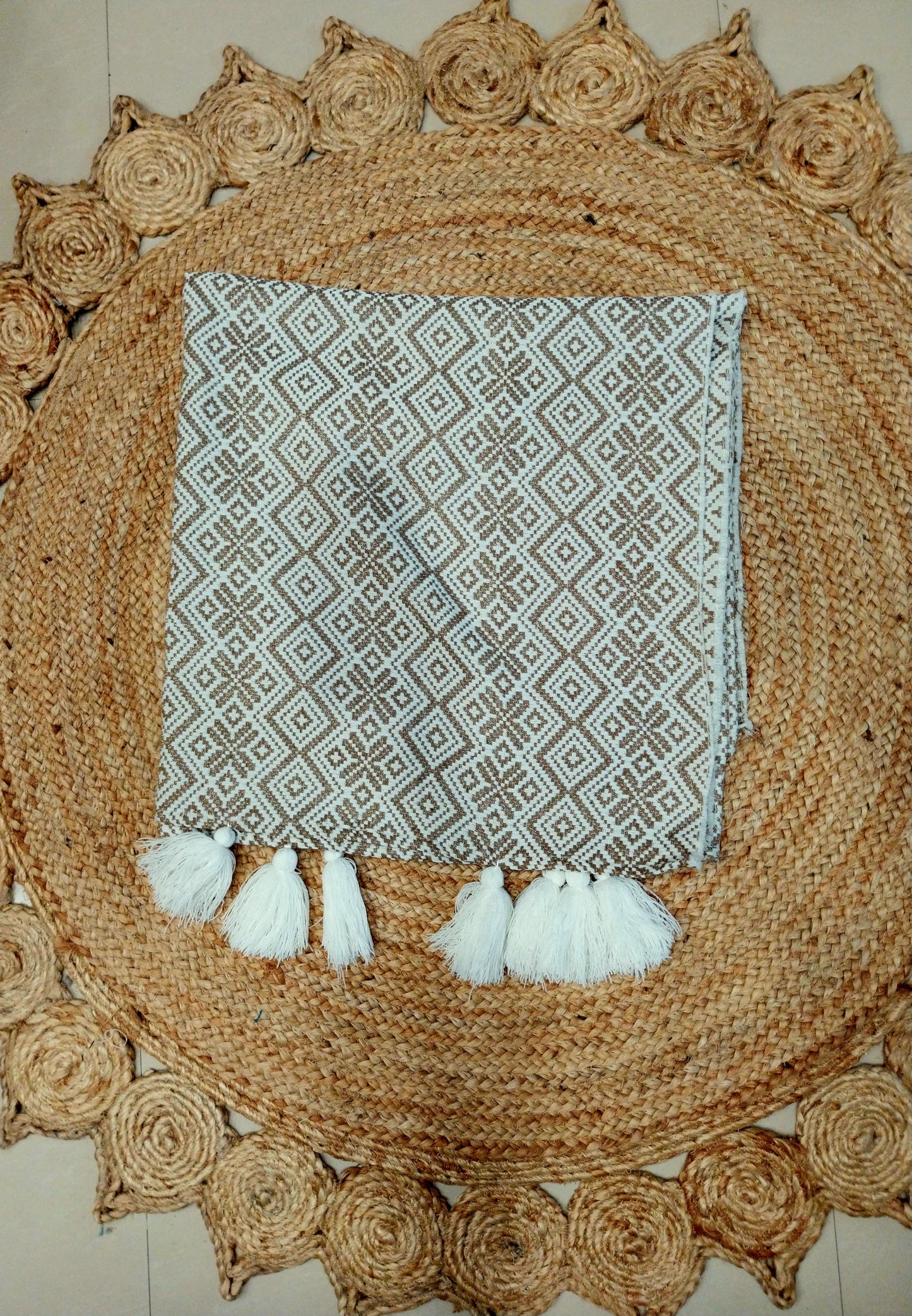 Beige Abstract Design Cotton Sofa Cover with Decorative Tassels