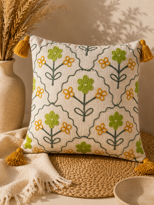 Floral Green Embroidery Cushion Cover