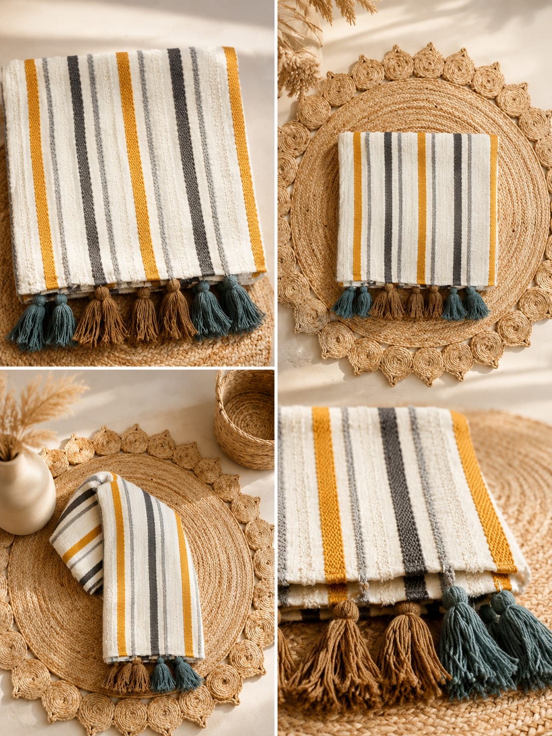 Boho Yellow Grey Sofa Cover with Decorative Tassels