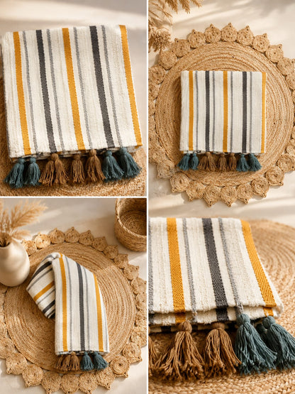 Boho Yellow Grey Sofa Cover with Decorative Tassels
