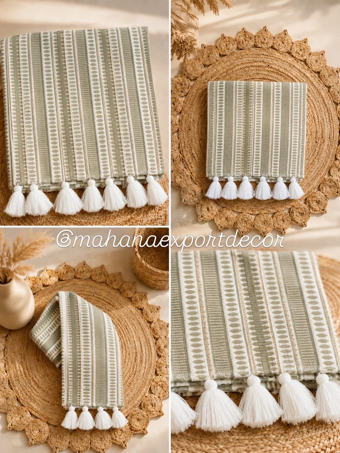 Beige Stripes Sofa Cover with Decorative Tassels