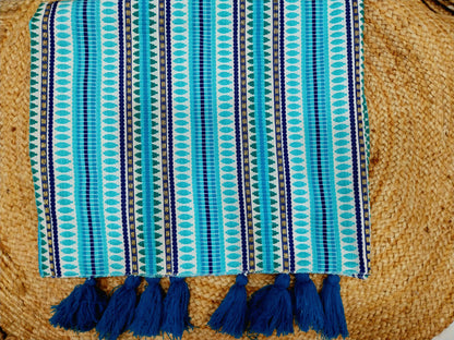 Quirky Blue Cotton Sofa Cover with Decorative Tassels