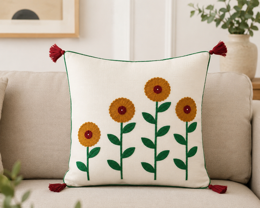 Yellow Marigold Embroidery Cushion Cover