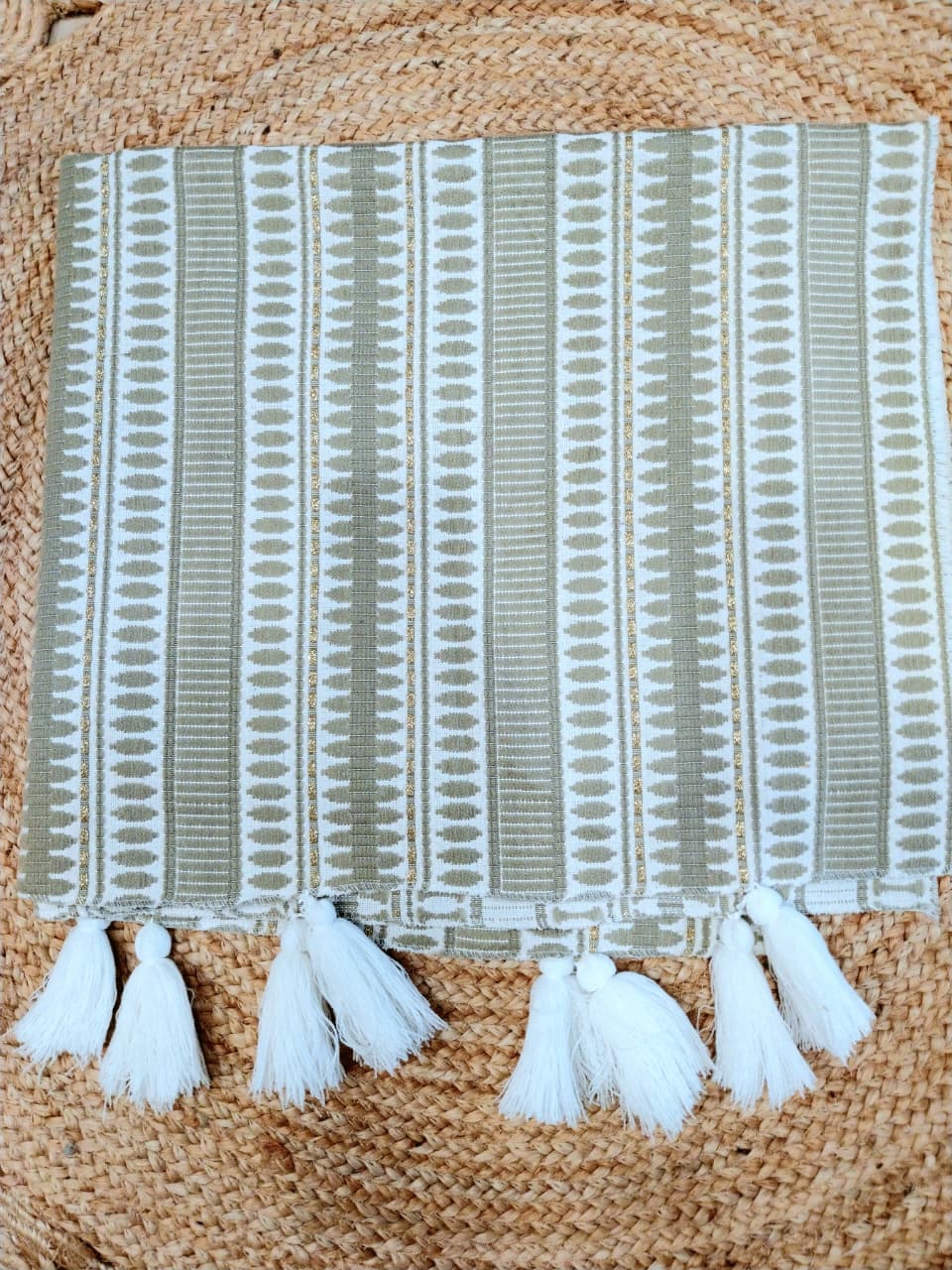 Beige Stripes Sofa Cover with Decorative Tassels