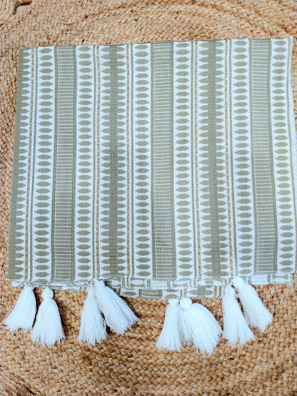 Beige Stripes Sofa Cover with Decorative Tassels