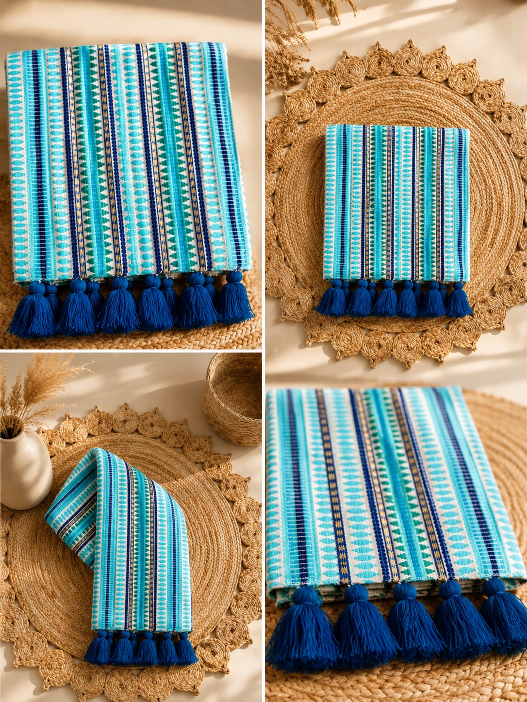 Quirky Blue Cotton Sofa Cover with Decorative Tassels