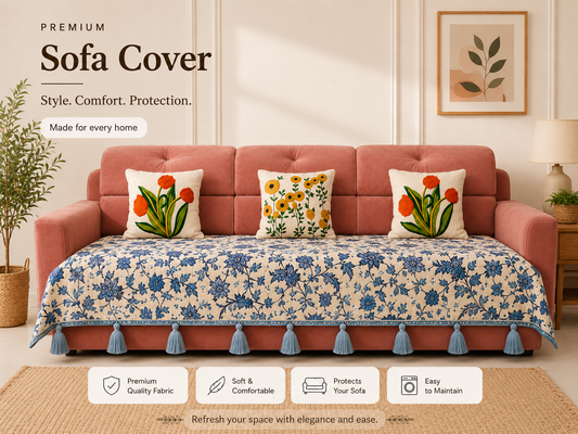 Blue Floral Sofa Cover with Decorative Tassels