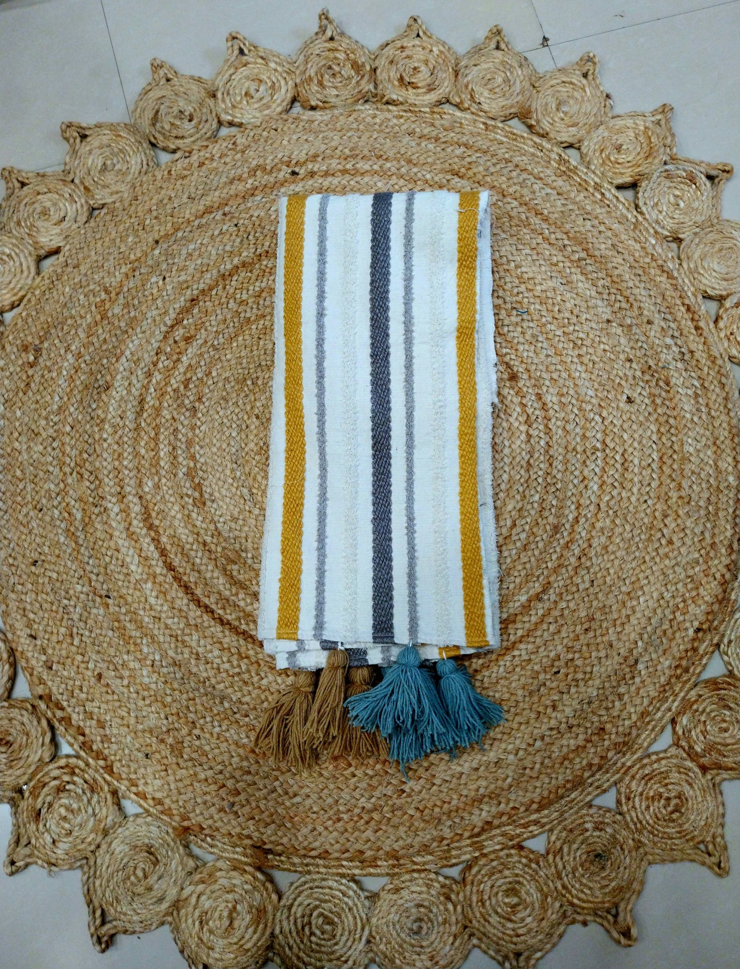 Boho Yellow Grey Sofa Cover with Decorative Tassels
