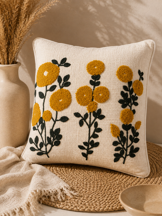 Mustard Yellow Floral Garden Embroidered Cushion Cover