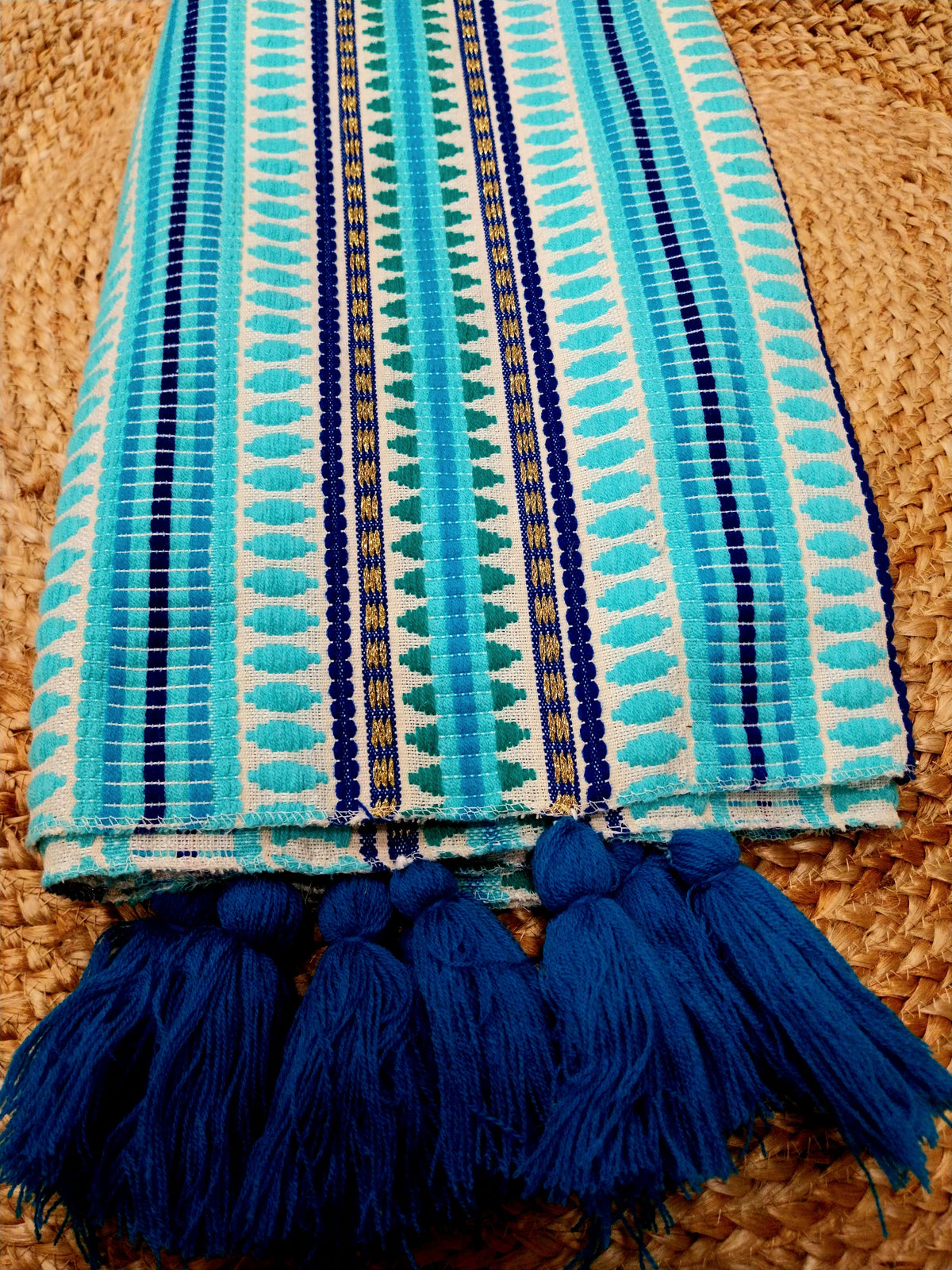 Quirky Blue Cotton Sofa Cover with Decorative Tassels