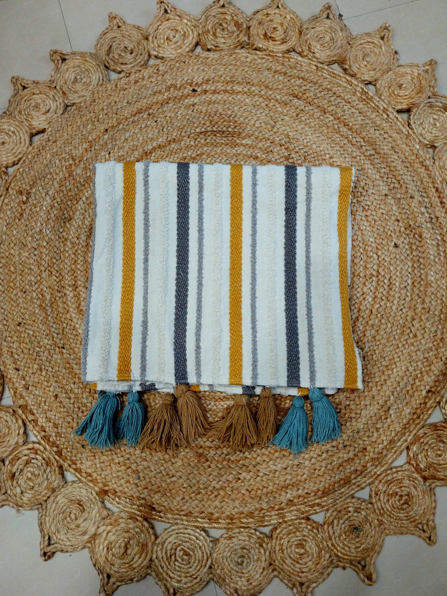 Boho Yellow Grey Sofa Cover with Decorative Tassels