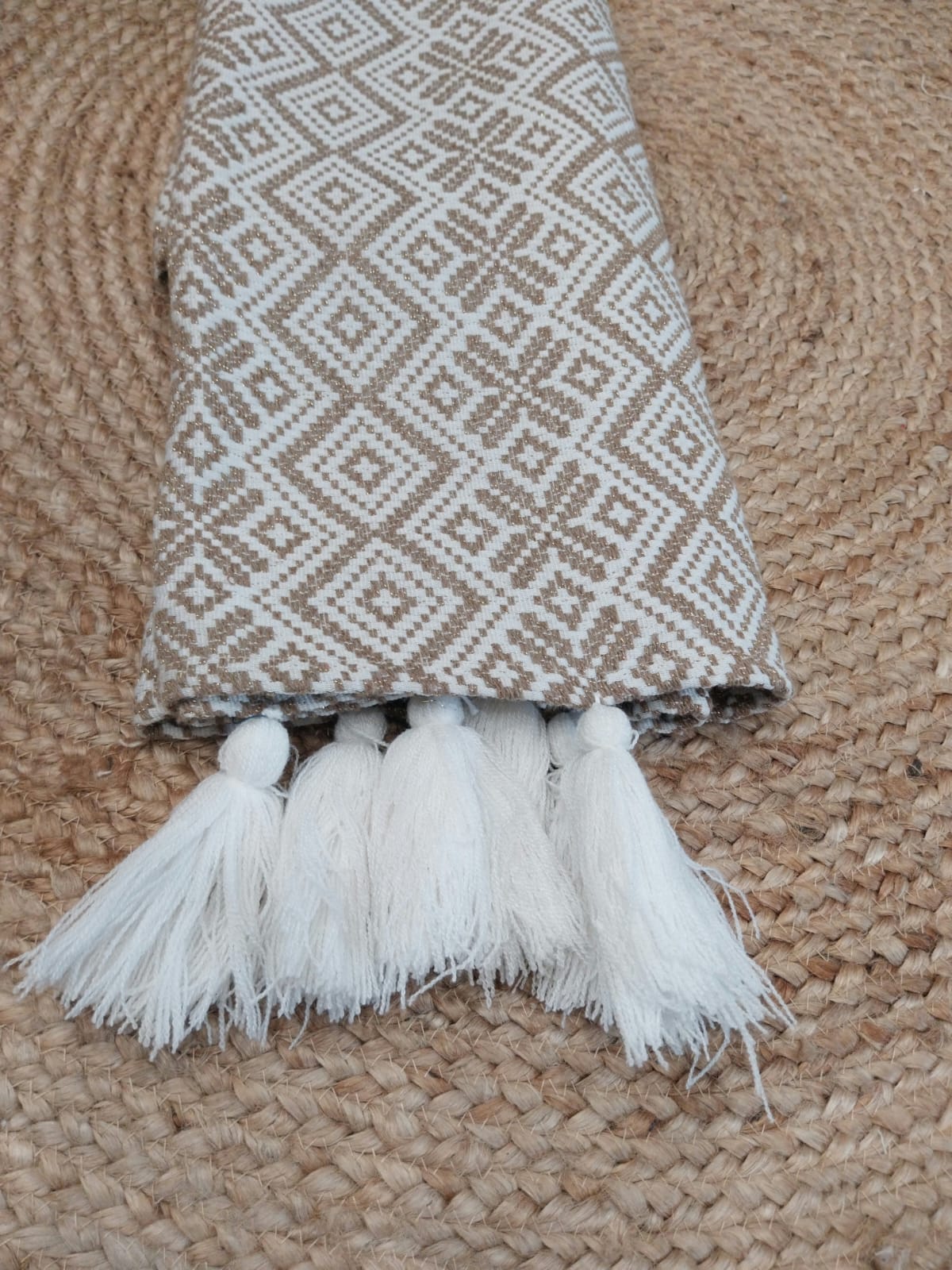 Beige Abstract Design Cotton Sofa Cover with Decorative Tassels