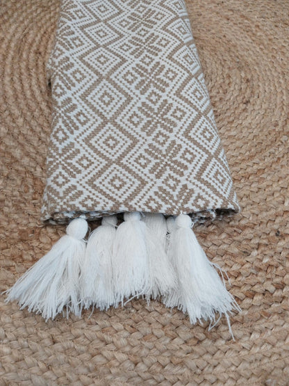 Beige Abstract Design Cotton Sofa Cover with Decorative Tassels