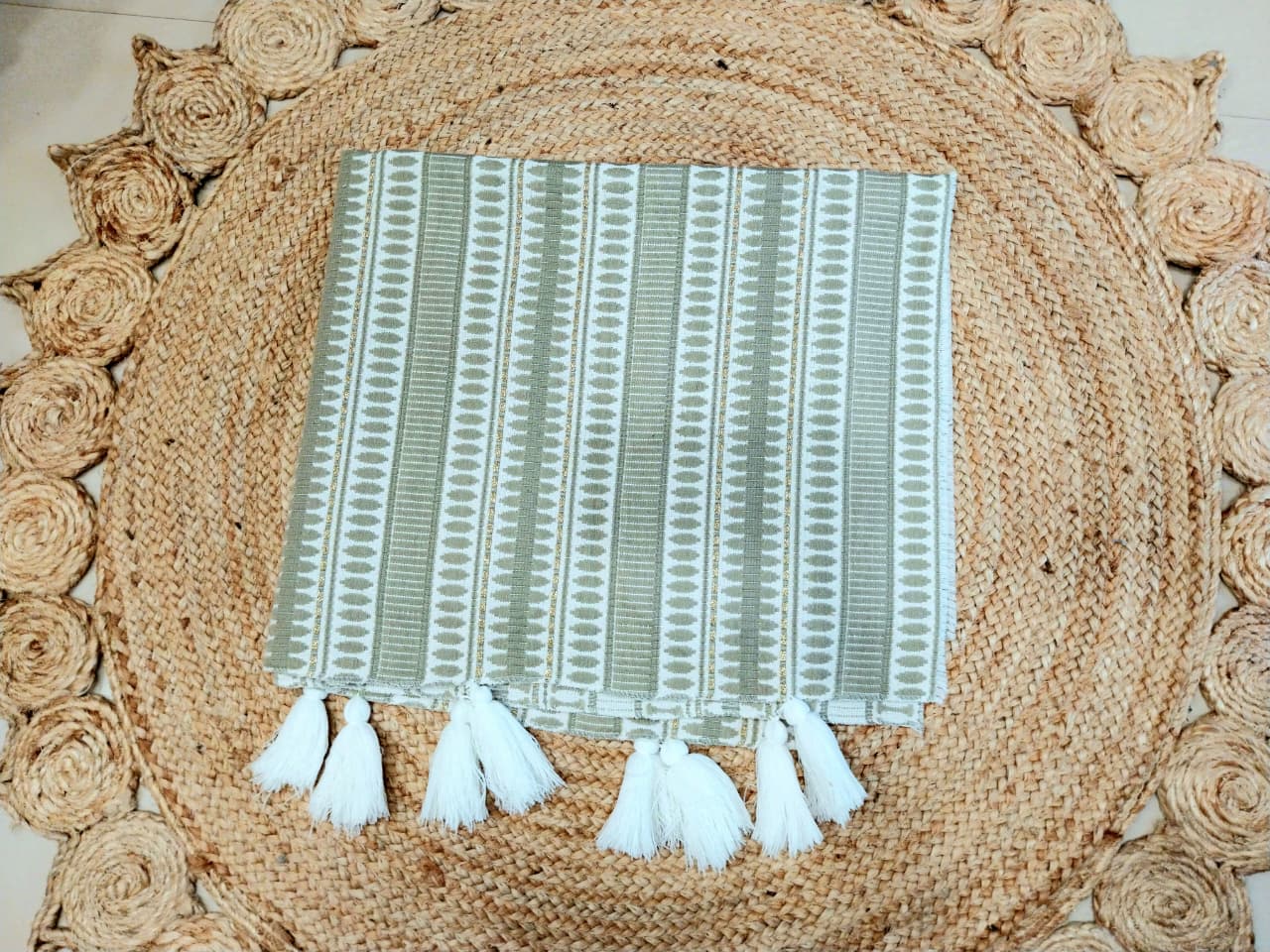 Beige Stripes Sofa Cover with Decorative Tassels
