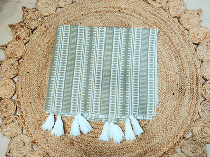 Beige Stripes Sofa Cover with Decorative Tassels