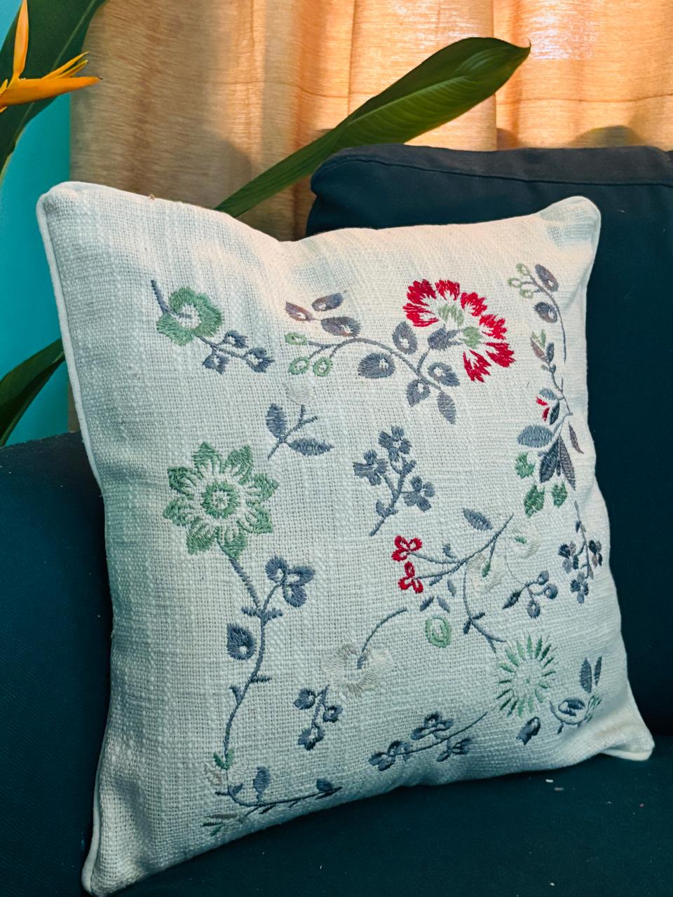 Multicolor Floral Natural Embroidery Cushion Cover