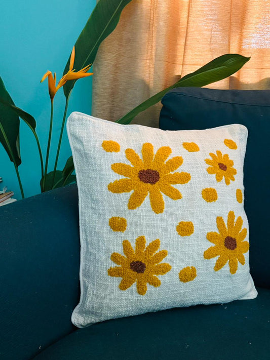 Yellow Tufted Floral Cushion Cover
