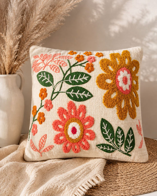 Embroidered Floral Cushion Cover – Multicolor Boho Cotton Cushion Cover