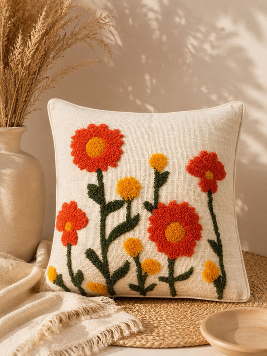 Orange Blossom Floral Embroidery Cushion Cover