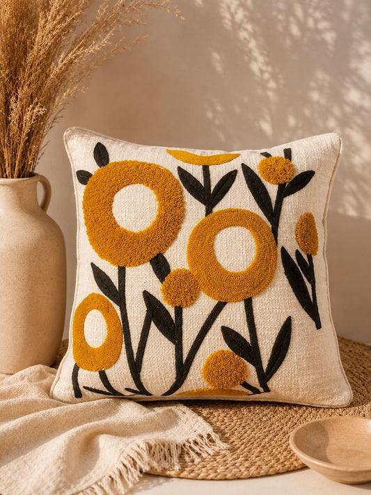 Yellow Floral Embroidery Cushion Cover