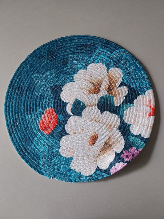 White Blue Floral Round Placemat
