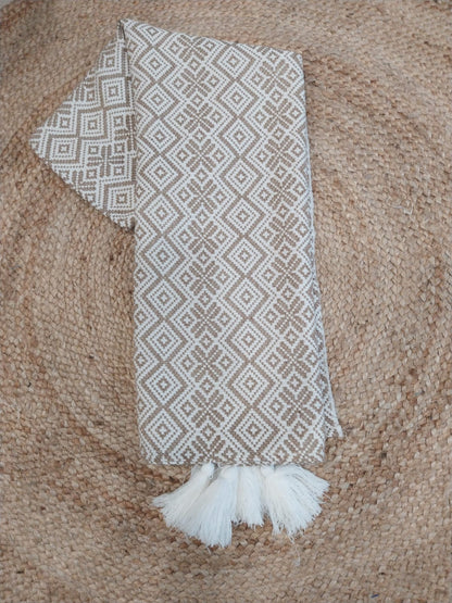 Beige Abstract Design Cotton Sofa Cover with Decorative Tassels