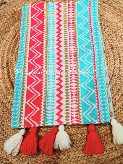 Blue/Pink Festive Sofa Cover with Decorative Tassels