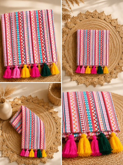 Quirky Multicolor Cotton Sofa Cover with Decorative Tassels