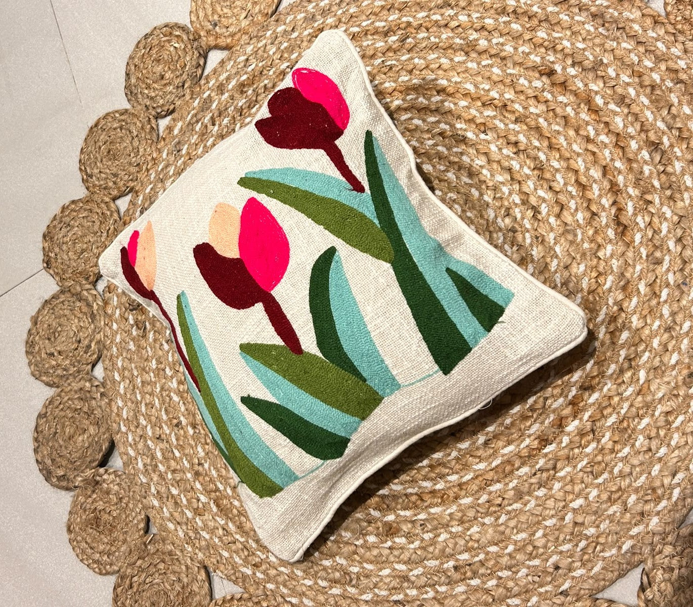 Tulip Embroidery Natural Color Cushion Cover