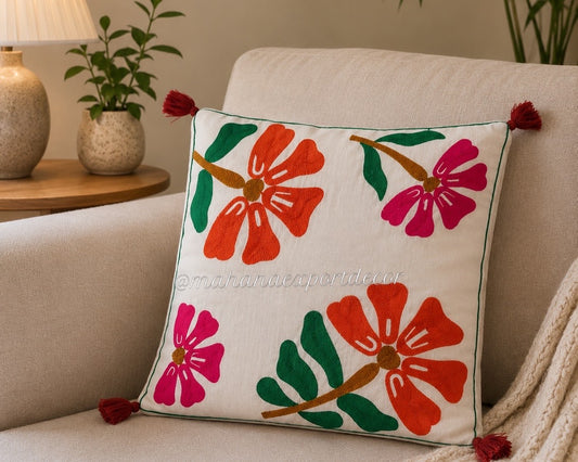 Multi-Color Floral Embroidered Cushion Cover