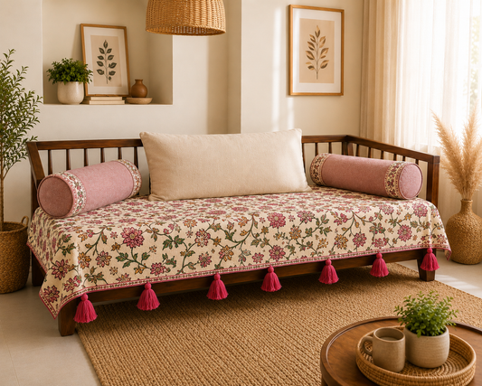 Pink Floral Sofa Cover with Decorative Tassels