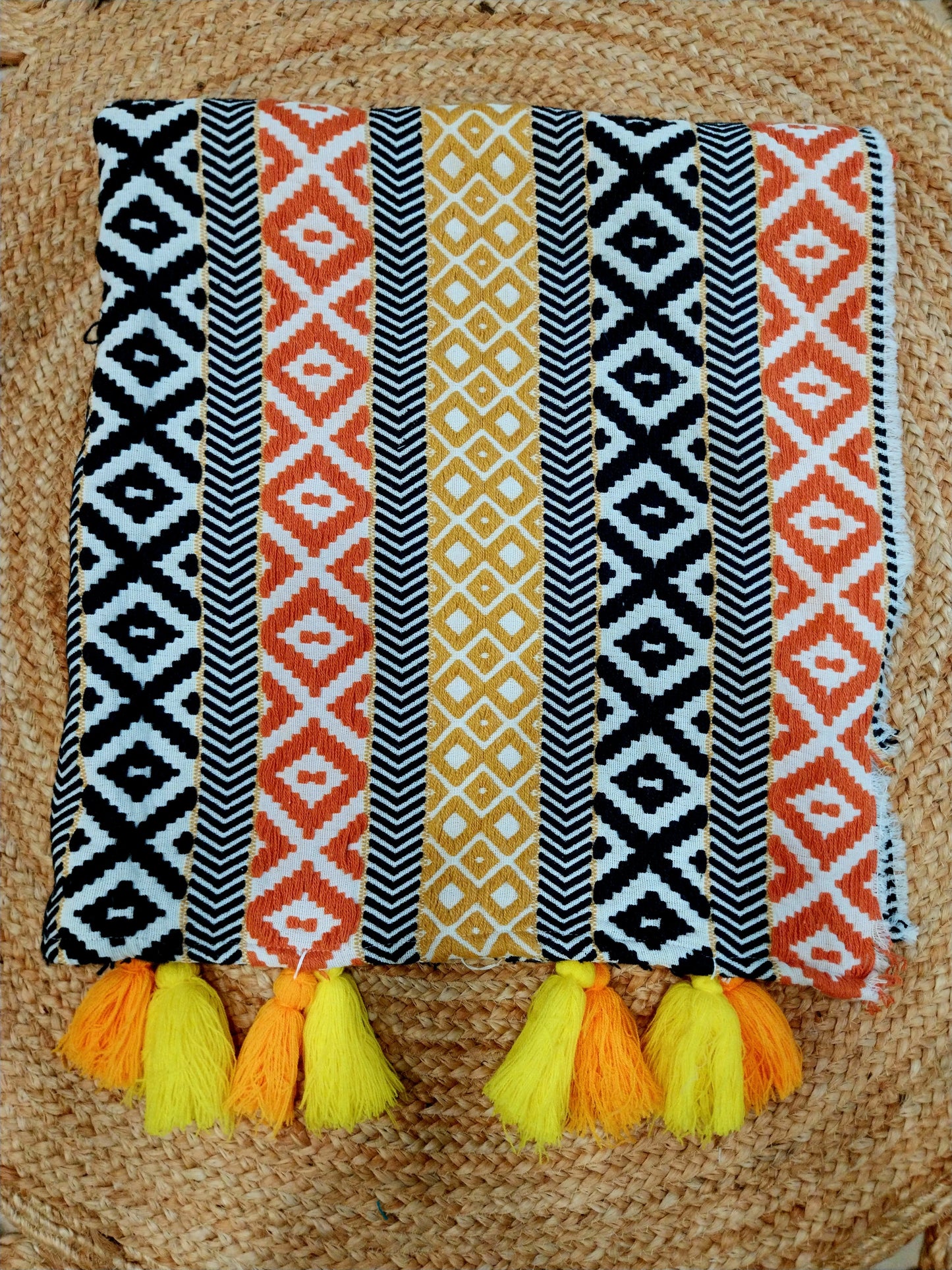 Orange Black Multicolor Cotton Sofa Cover with Decorative Tassels
