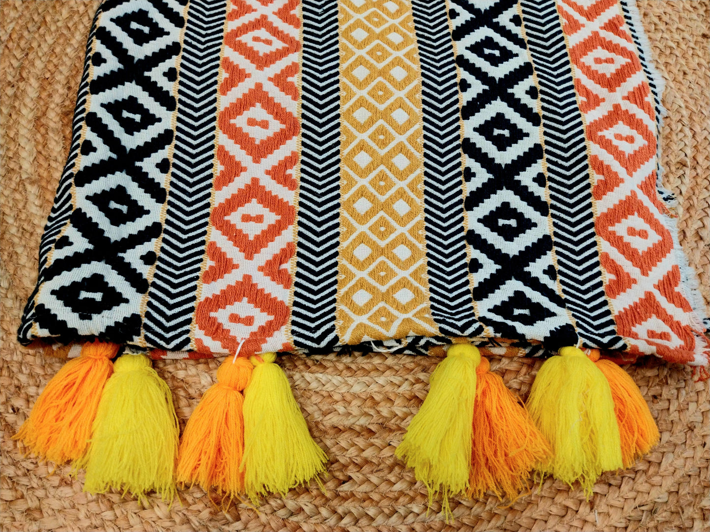 Orange Black Multicolor Cotton Sofa Cover with Decorative Tassels