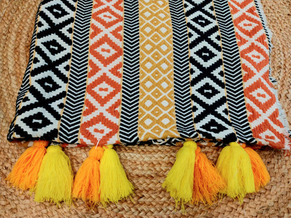 Orange Black Multicolor Cotton Sofa Cover with Decorative Tassels