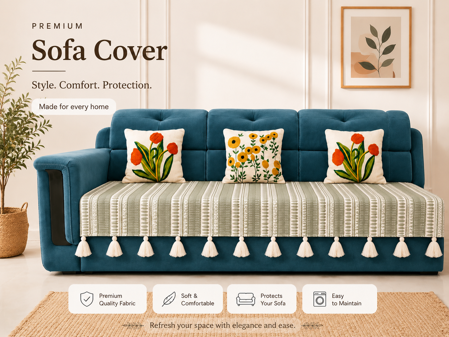 Beige Stripes Sofa Cover with Decorative Tassels