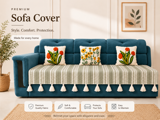 Beige Stripes Sofa Cover with Decorative Tassels