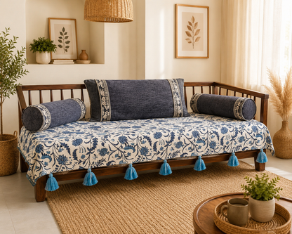 Blue Floral Sofa Cover with Decorative Tassels