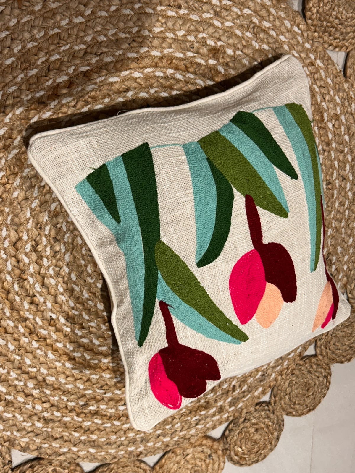 Tulip Embroidery Natural Color Cushion Cover