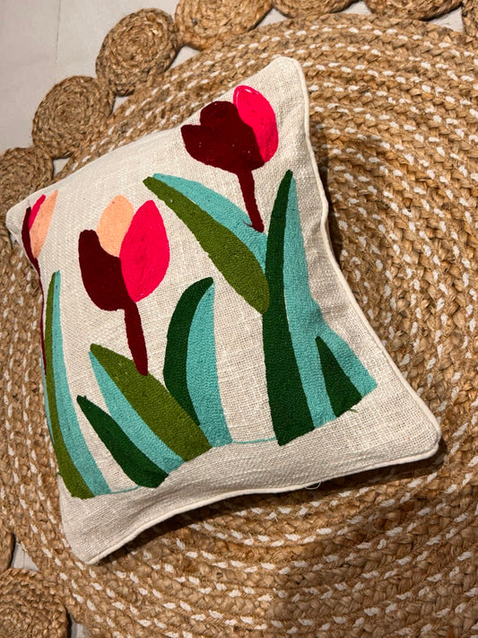 Tulip Embroidery Natural Color Cushion Cover