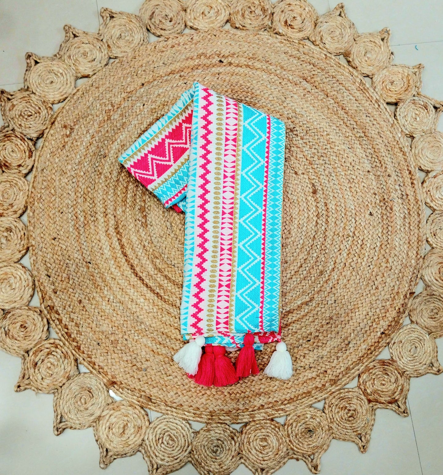 Blue/Pink Festive Sofa Cover with Decorative Tassels