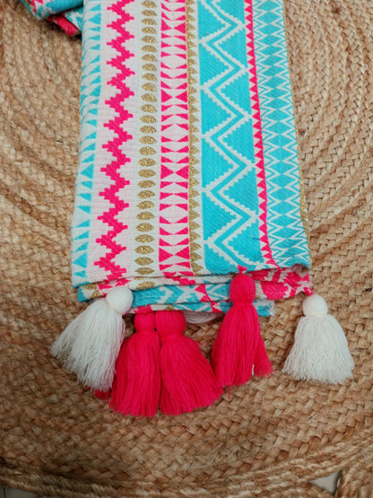 Blue/Pink Festive Sofa Cover with Decorative Tassels